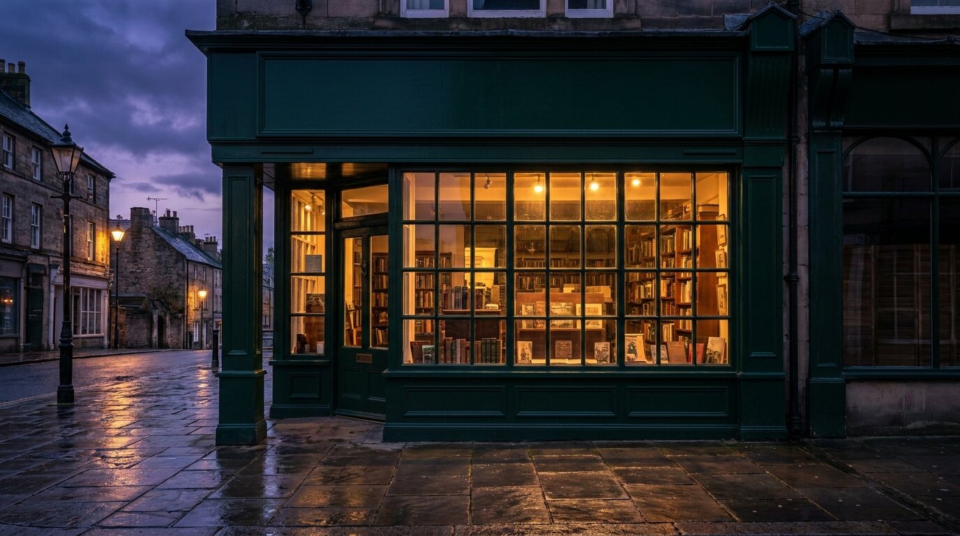 A small British high street shopfront at dusk with its lights on