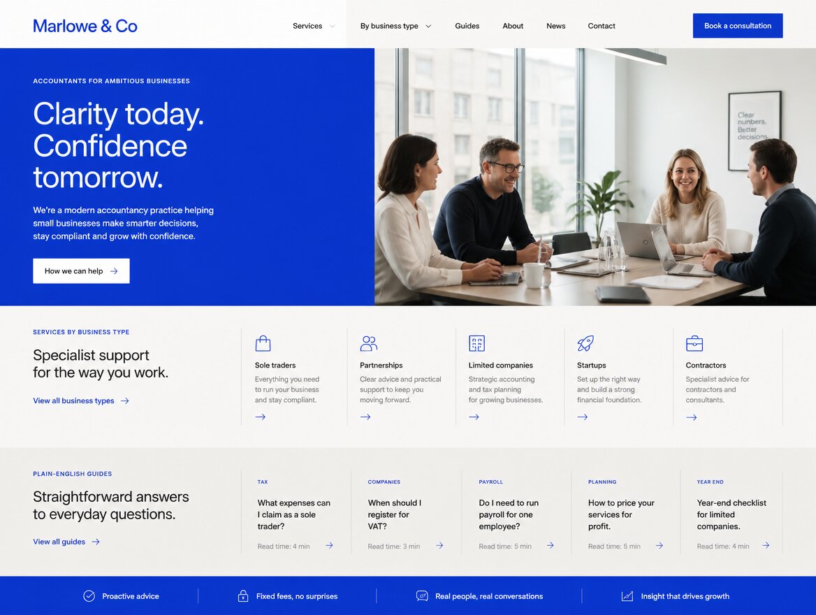 Concept website for Marlowe & Co, accountancy practice
