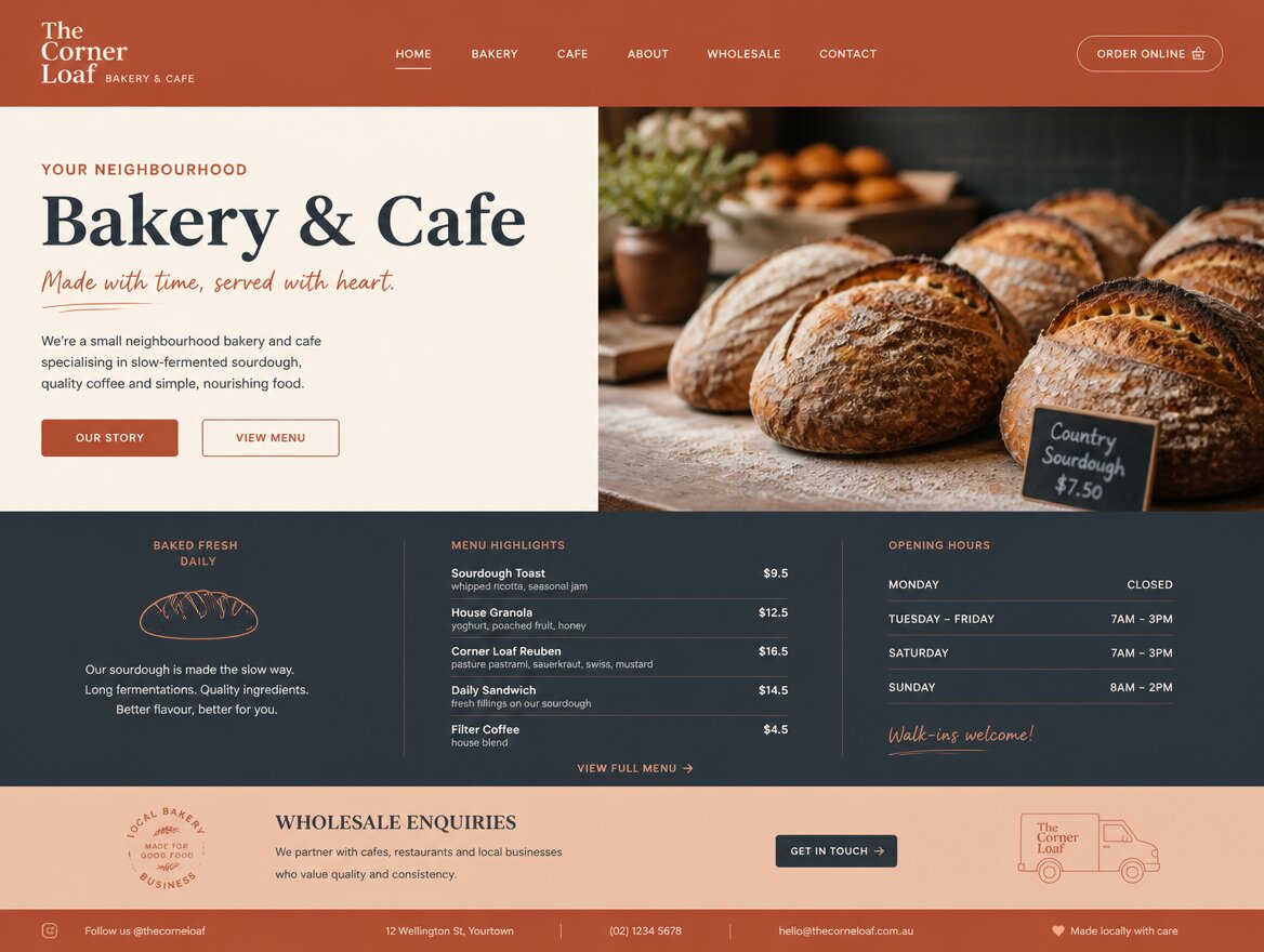 Concept website for The Corner Loaf, bakery and cafe