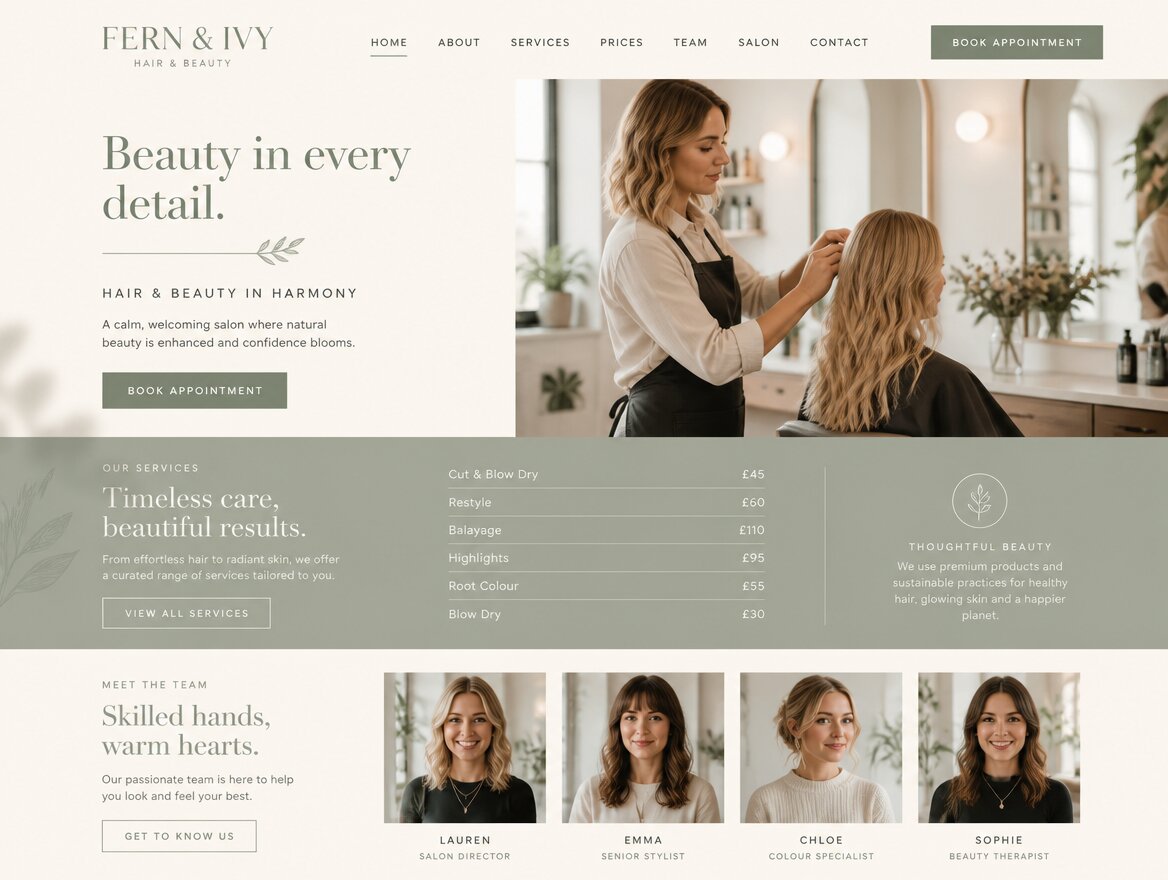 Concept website for Fern & Ivy, hair and beauty salon